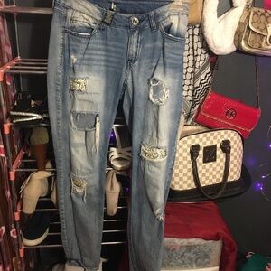 ReWash Rhinestone Ripped Straight Leg Jeans Trendy Blue